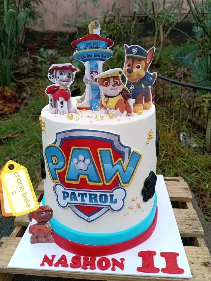 White children's cake decorated with Paw Patrol characters.