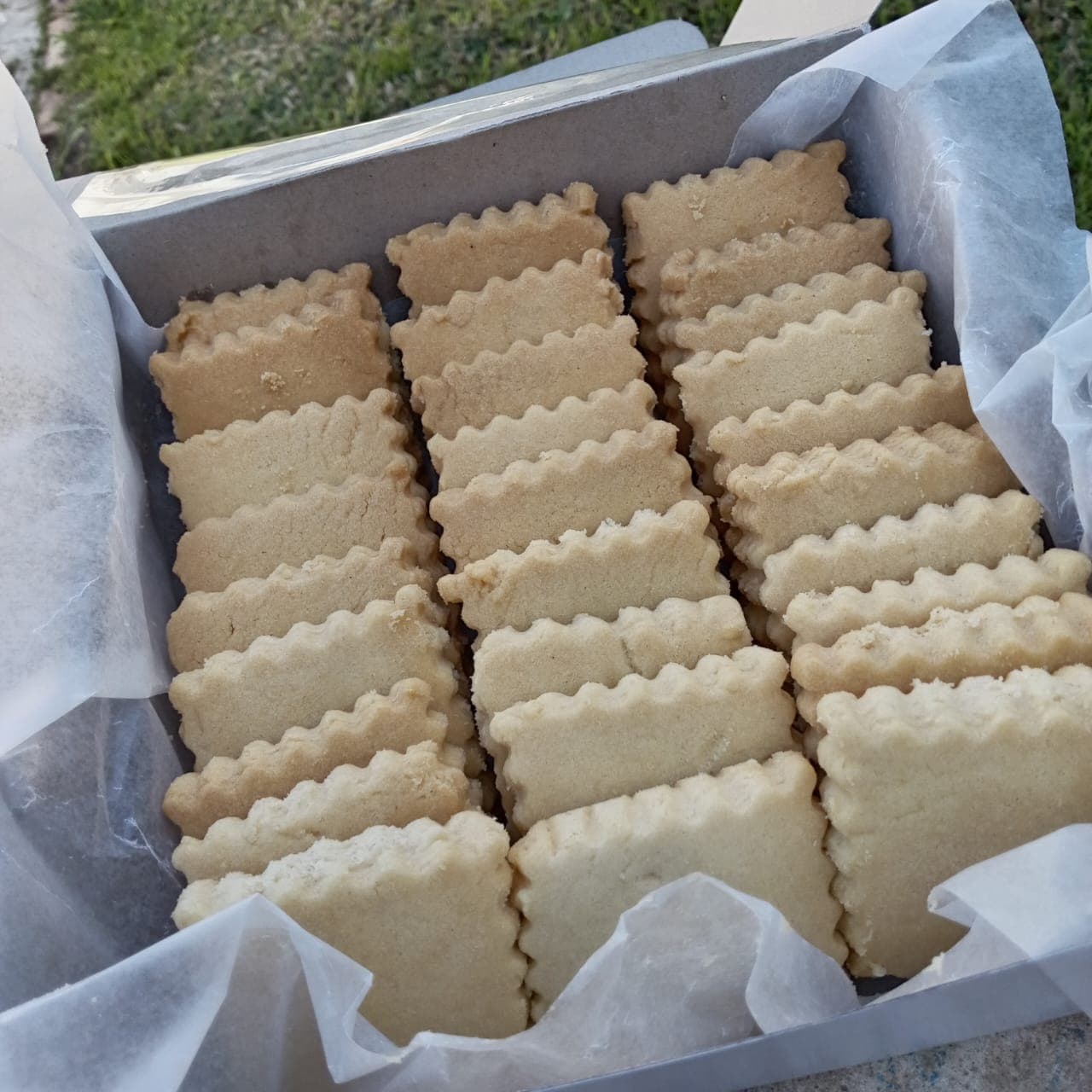 Rows of plain shortbread biscuits in a lined box.